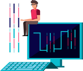 young man and desktop computer with circuit vector