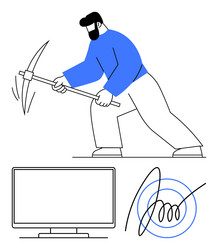 miner swinging pickaxe near computer monitor vector image
