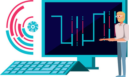 young man and desktop computer with circuit vector