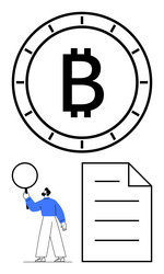person analyzing bitcoin symbol with magnifying vector image