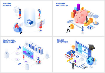 isometric set with virtual reality blockchain vector image
