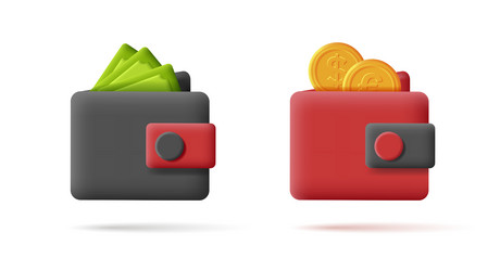 3d render icon set with wallet coins vector