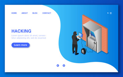 hacking an atm concept banner in flat isometric vector image