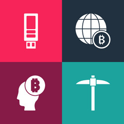 set pop art pickaxe bitcoin think globe and usb vector image