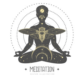 silhouette of a meditating man with outer space vector image