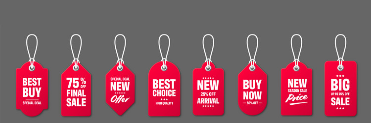 realistic red price tags with white string on gray vector image