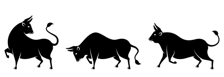 set bulls cows buffaloes stylized silhouettes vector