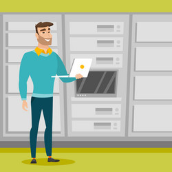 engineer working on laptop in network server room vector image