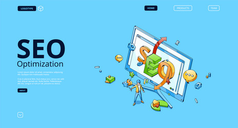 seo optimization isometric landing page web banner vector image