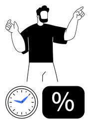 man gesturing with clock and percentage sign vector image