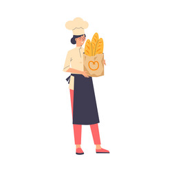 Woman baker holding paper bag with baguettes flat vector