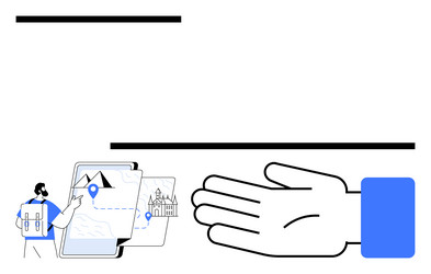 man with backpack using tablet for navigation near vector image