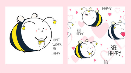 Dont worry bee happy set of seamless pattern vector