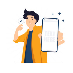excited man showing blank empty mobile smart vector image