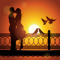 Silhouette of couple in love kissing at sunset vector