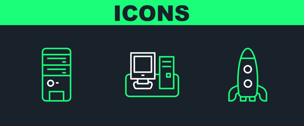 set line rocket ship computer and monitor vector image