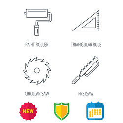 Triangular rule paint roller and fretsaw icons vector