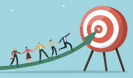 team walks along arrow to target on dart board vector image