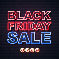 Neon sign black friday sale open on brick wall vector