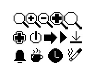 set 8-bit pixel graphics icons isolated vector image