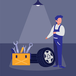 mechanic worker with tire car and toolbox vector image