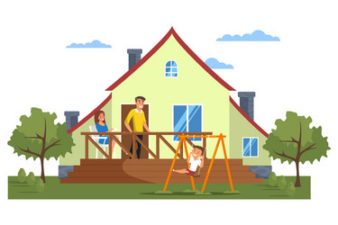 happy modern family in front house vector