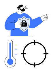 man pointing with shield thermometer and target vector image