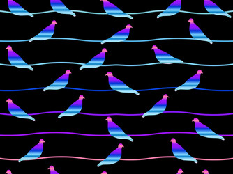 Seamless pattern with doves on wires neon birds vector