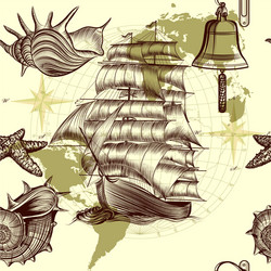 antique pattern with ship shells and map vector image