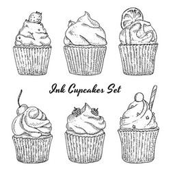 Ink hand drawn cupcakes set isolated vector