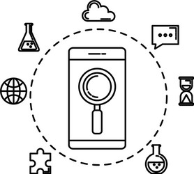 Smartphone with magnifying glass and set icons vector