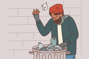 homeless man digs through garbage to find food due vector image