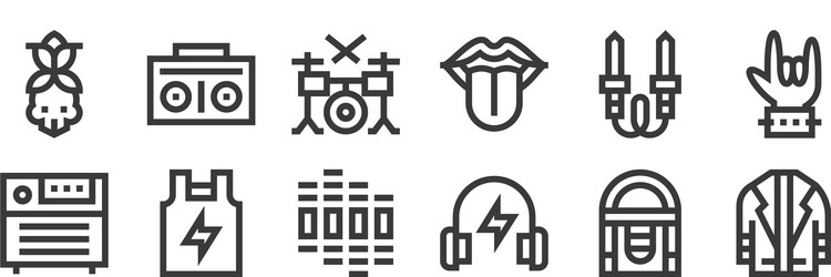 12 set linear rock and roll icons thin outline vector image