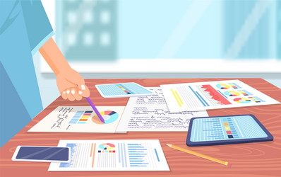 hand holds pen and points to document with pie vector image