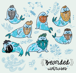 Hipster walruses with beards and tattoos vector