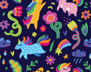 seamless pattern with unicorns flowers and clouds vector image