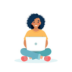 Black woman with a laptop working student vector