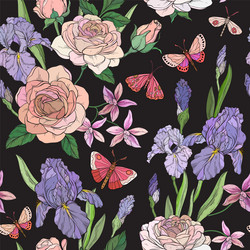 pattern with pink roses irises and orchids Vector Image