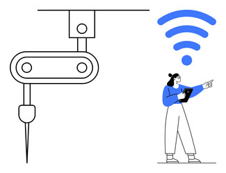 engineer managing smart robotic arm with wireless vector image