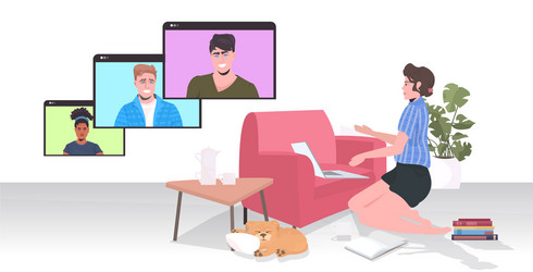 Woman chatting with mix race colleagues in web vector