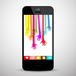 Colorful hands on mobile phone screen social vector