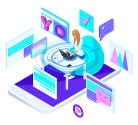 Isometric young girl with laptop vector