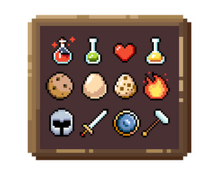 set 8-bit pixel graphics icons isolated vector image
