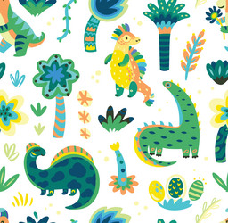 Seamless childish pattern with cute dinosaurs vector