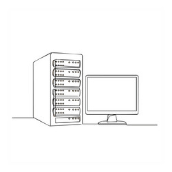 computer server with monitor line art technology vector image