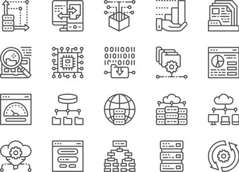 set data analysis line icons hosting program vector image