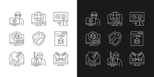 Cyber attacks types linear icons set for dark vector