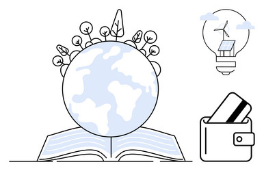 globe on open book with bulb trees and wallet vector image