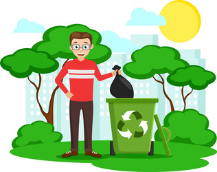 man throws a black bag in the trash vector image