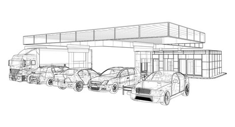 Electric car charging station with cars and truck vector